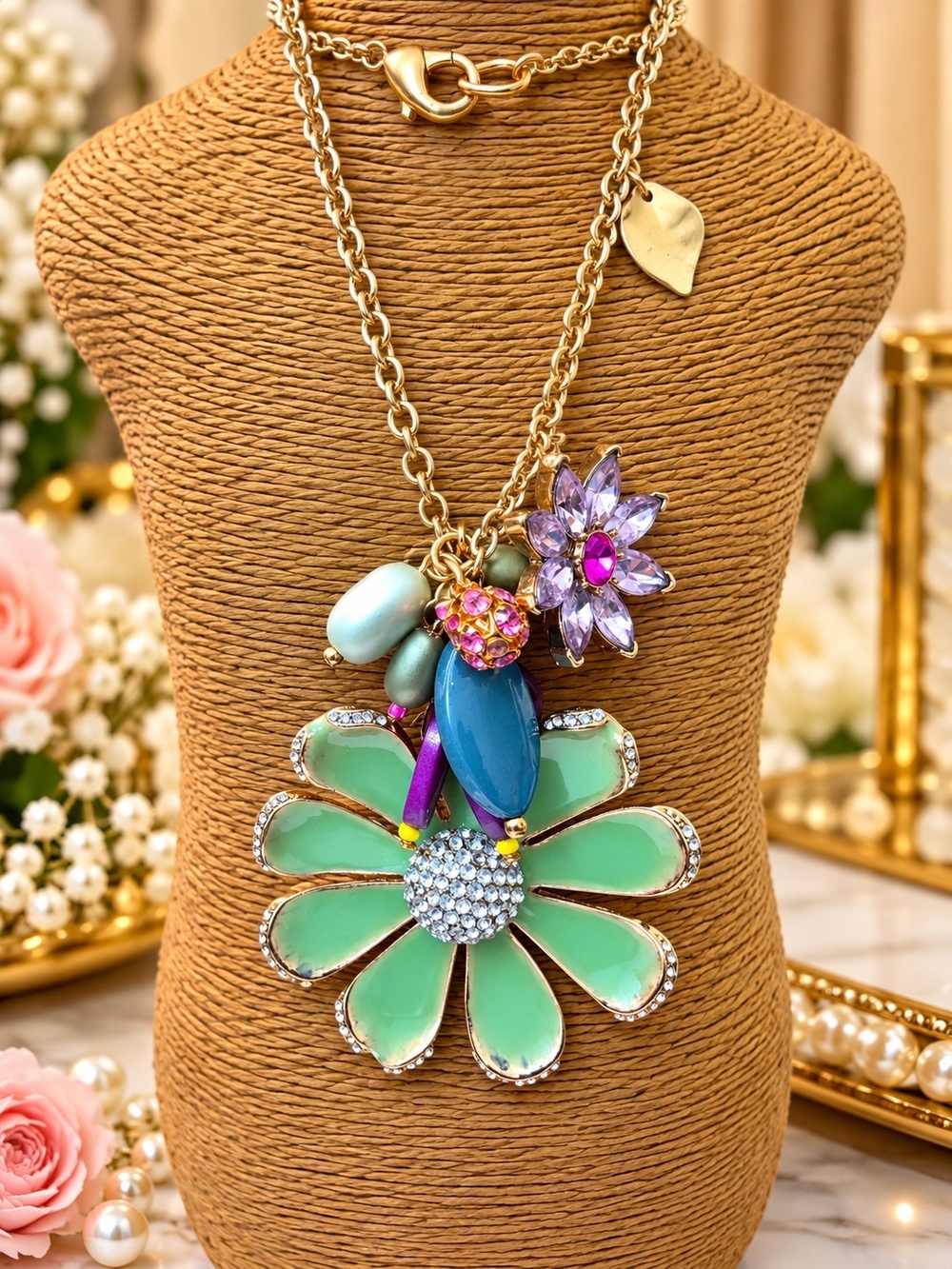 Gold-Tone Floral Pendant Necklace with Mint and Purple Accents